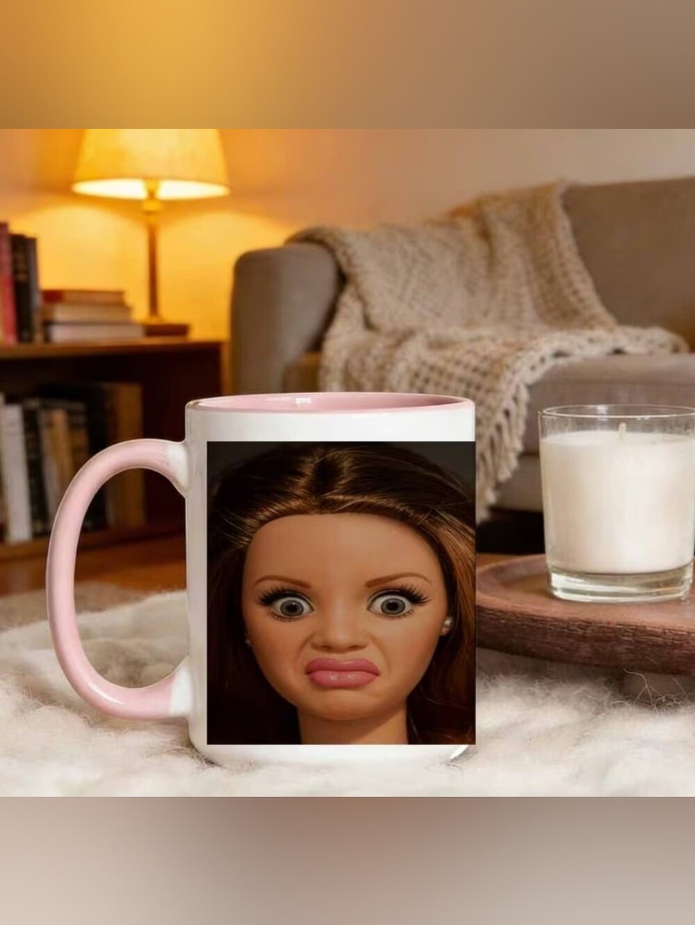Pink Handle Ceramic Mug with Printed Face Design